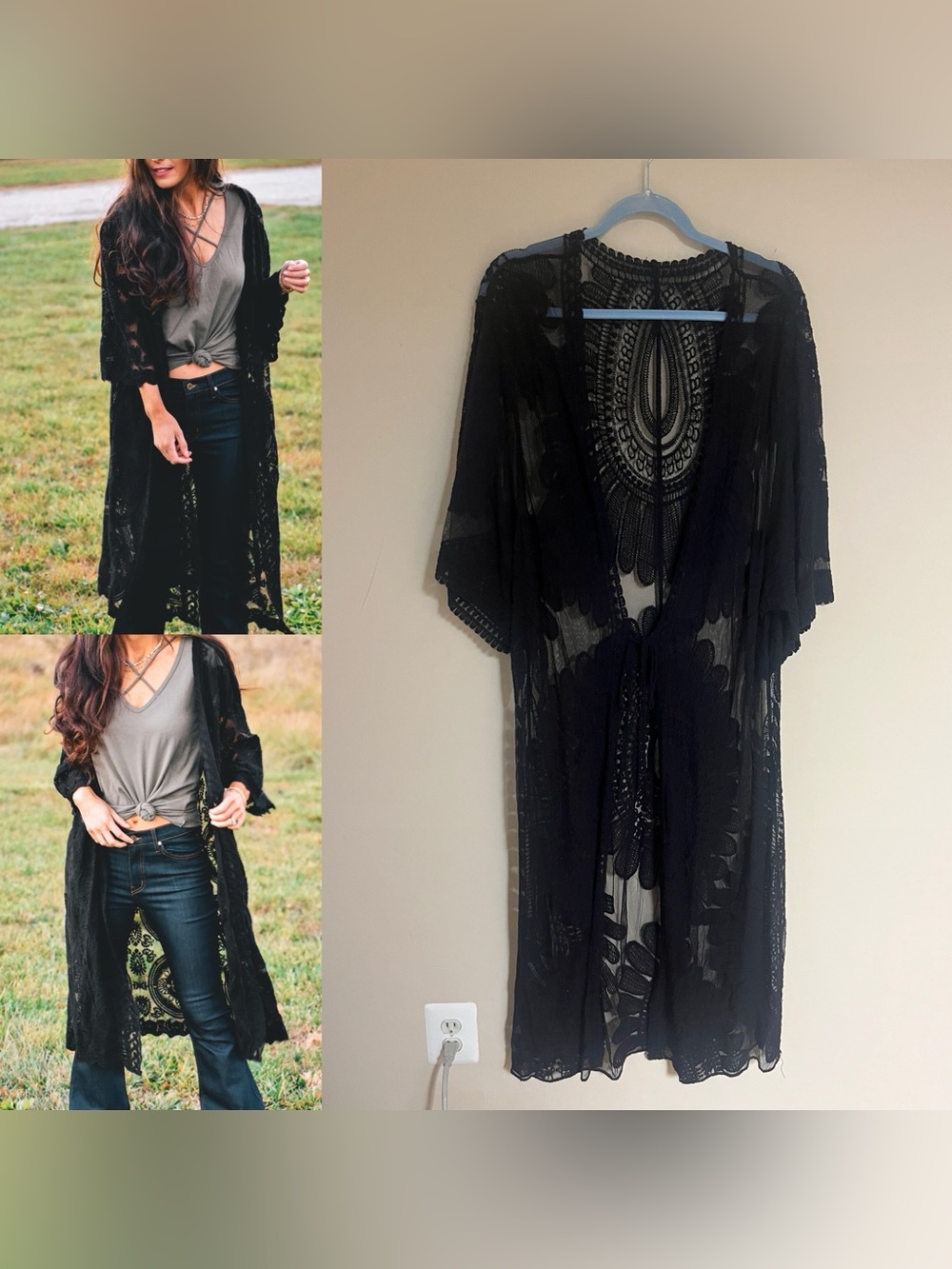 Witchy Black Lace Short Sleeve Floor Length Cardigan